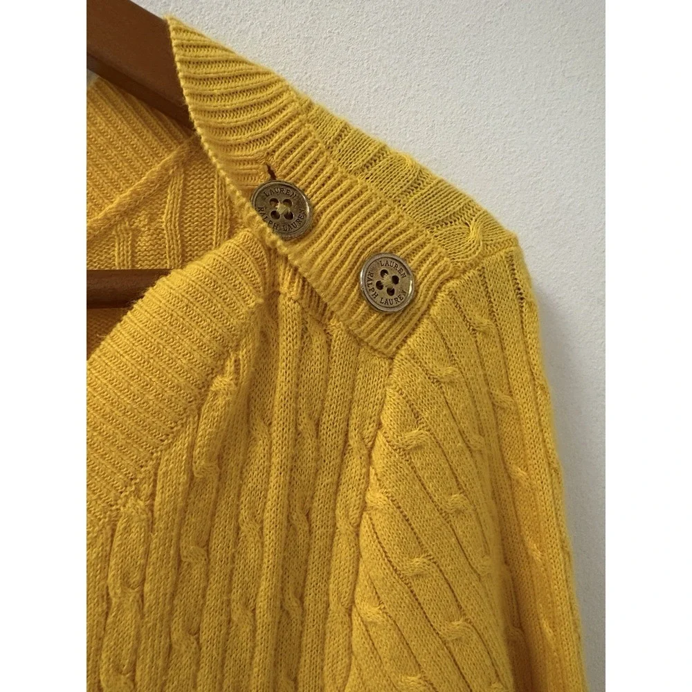 Ralph Lauren Cable Mustard Knit Sweater Sz 2X LRL 100% Button Detail Vintage